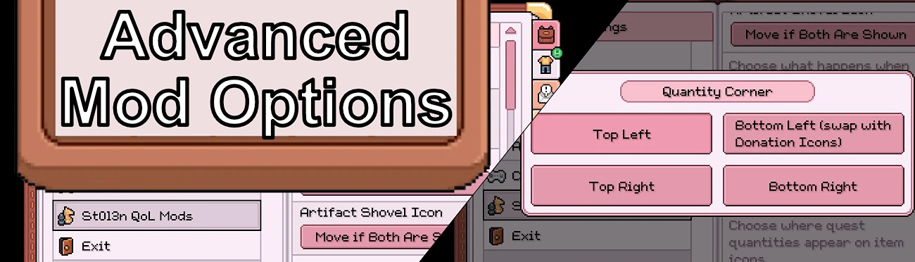 Advanced Mod Options cover showing its Fields of Mistria settings menu and option controls