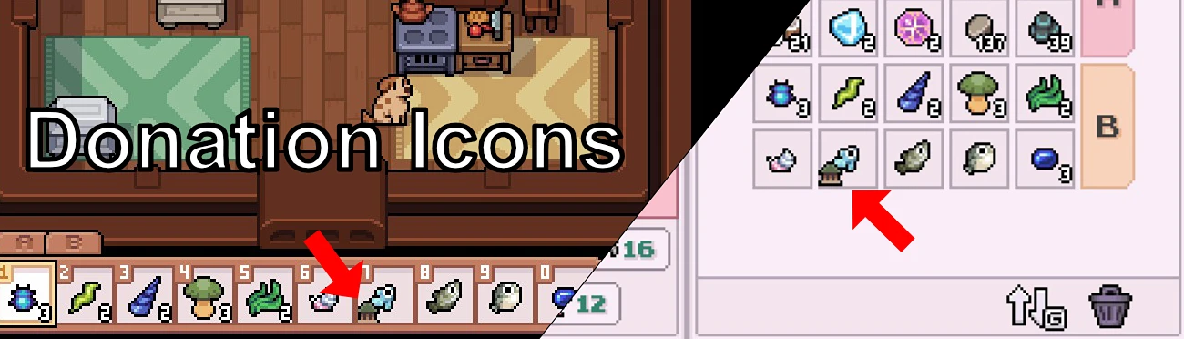 Donation Icons cover showing museum markers on items in the inventory and toolbar