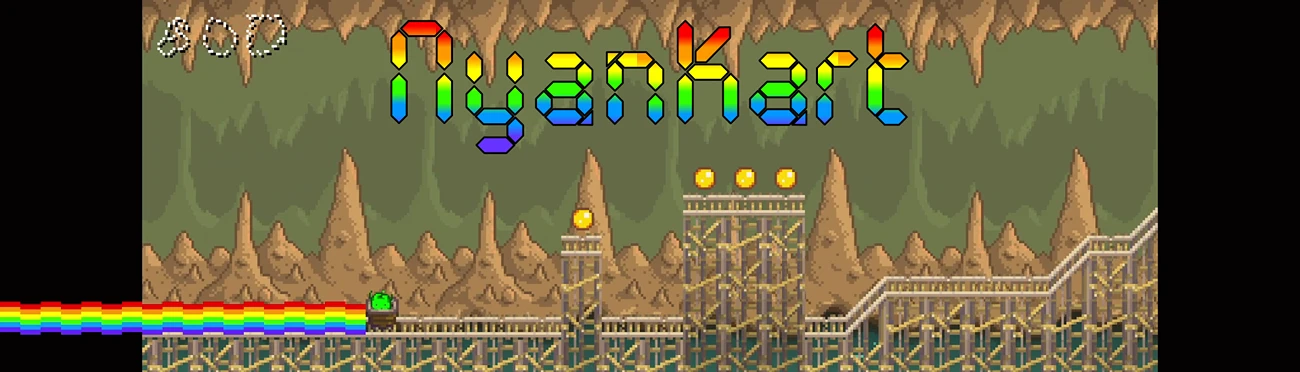 NyanKart cover showing a rainbow trail behind a kart and a colorful NyanKart title