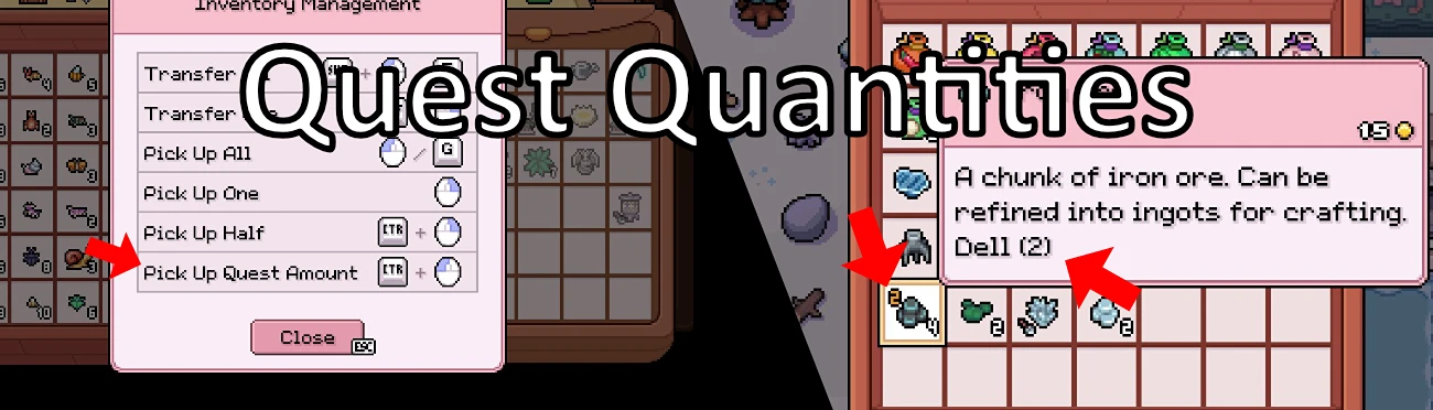 Quest Quantities cover showing quest item counts, recipient details, and the pick-up shortcut